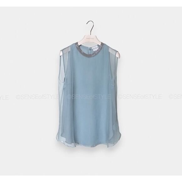 Brunello Cucinelli Silk Women's Top Blue Monili Summer Elegant Evening size L - Picture 6 of 7